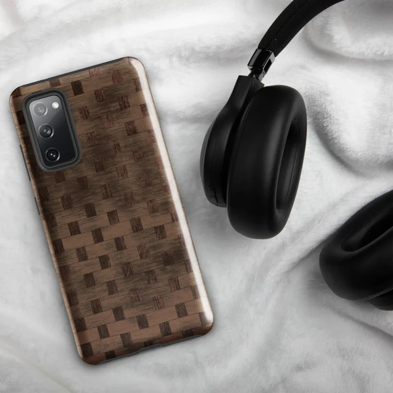 Glossy Woven Wood Basket Weave Tough Case for Samsung — tightly woven basket weave pattern in deep mahogany and warm caramel