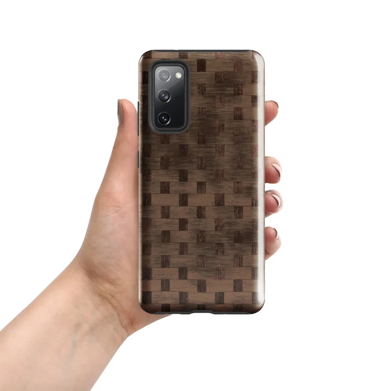 Glossy Woven Wood Basket Weave Tough Case for Samsung — tightly woven basket weave pattern in deep mahogany and warm caramel