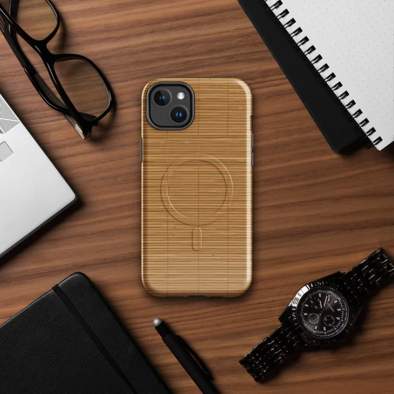 Glossy Woven Bamboo Serenity MagSafe Tough Case for iPhone — close-up woven bamboo mat texture in warm golden-tan tones