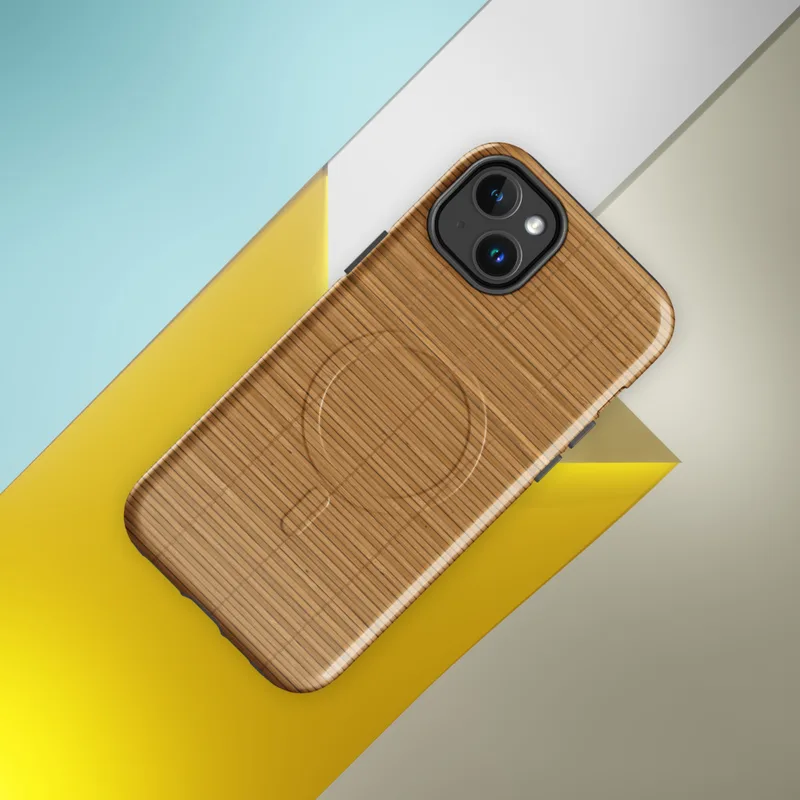 Glossy Woven Bamboo Serenity MagSafe Tough Case for iPhone — close-up woven bamboo mat texture in warm golden-tan tones