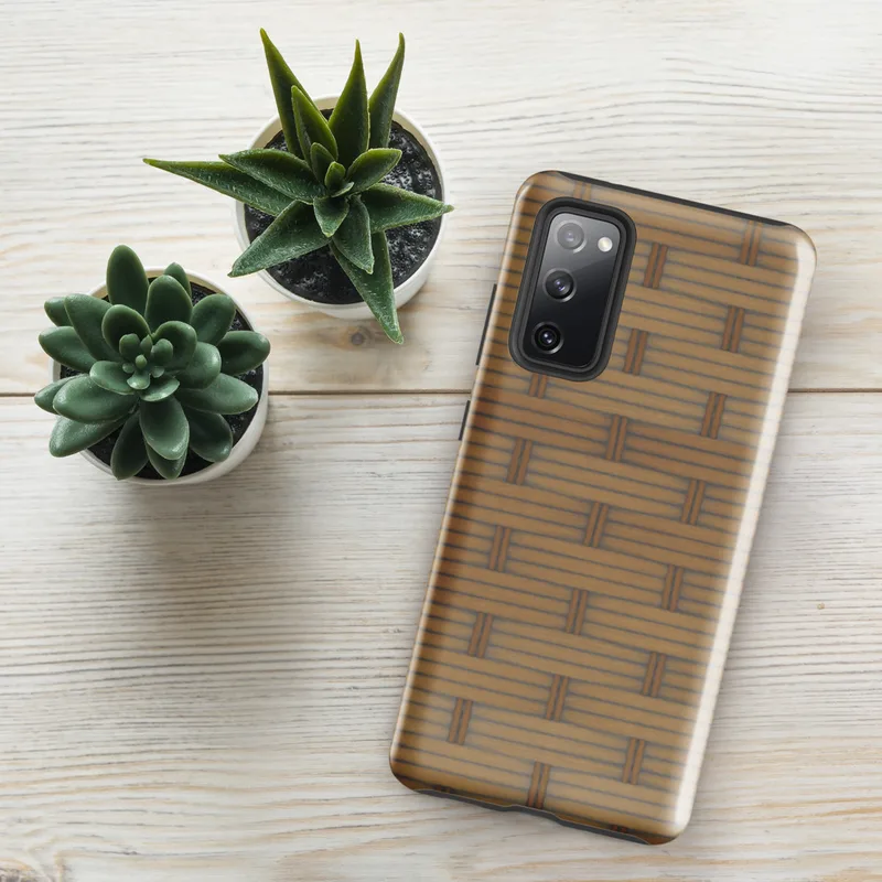 Glossy Woven Rattan Weave Tough Case for Samsung — repeating woven basket weave pattern in warm golden tan tones