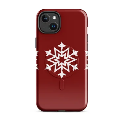 three identical white geometric snowflakes arranged in a row on a deep crimson red background on Glossy Triple Snowflake Winter MagSafe Tough Case for iPhone - default - Front view