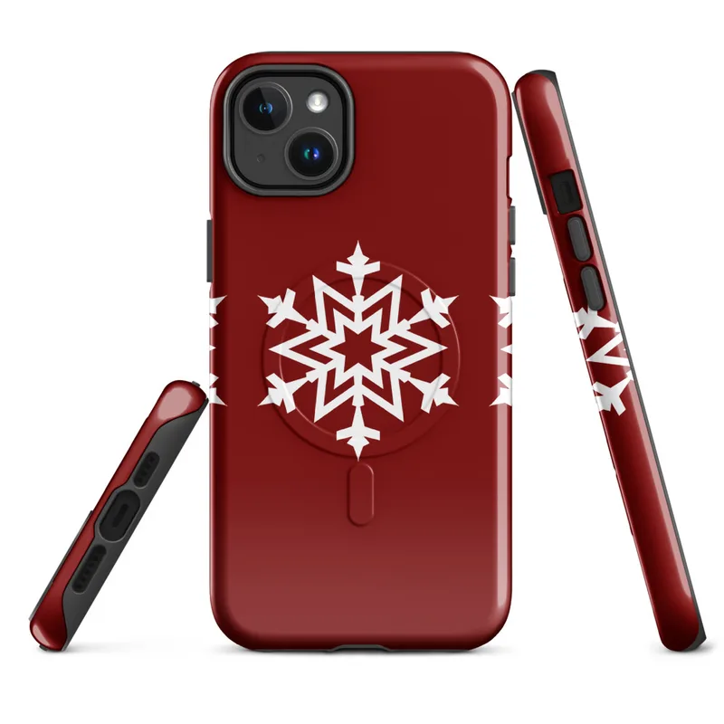 Glossy Triple Snowflake Winter MagSafe Tough Case for iPhone — three identical white geometric snowflakes arranged in a row