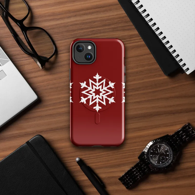 Glossy Triple Snowflake Winter MagSafe Tough Case for iPhone — three identical white geometric snowflakes arranged in a row