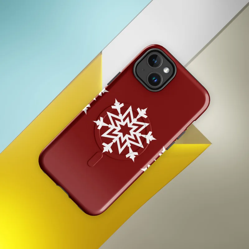 Glossy Triple Snowflake Winter MagSafe Tough Case for iPhone — three identical white geometric snowflakes arranged in a row