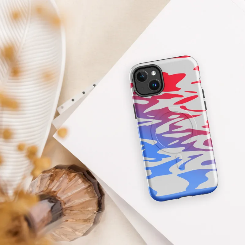 Glossy Ripple Wave Abstract MagSafe Tough Case for iPhone — fluid ripple waves in crimson red and electric blue with a white