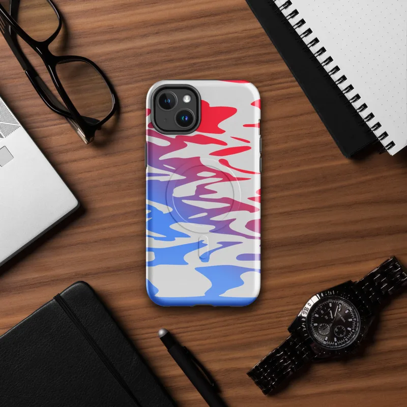 Glossy Ripple Wave Abstract MagSafe Tough Case for iPhone — fluid ripple waves in crimson red and electric blue with a white