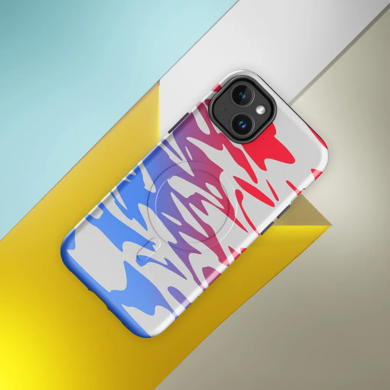 Glossy Ripple Wave Abstract MagSafe Tough Case for iPhone — fluid ripple waves in crimson red and electric blue with a white