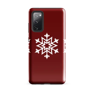 three identical white geometric snowflakes arranged in a row on a deep crimson red background on Glossy Winter Snowflake Trio Tough Case for Samsung - default - Front view