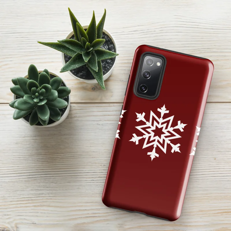 Glossy Winter Snowflake Trio Tough Case for Samsung — three identical white geometric snowflakes arranged in a row on a deep