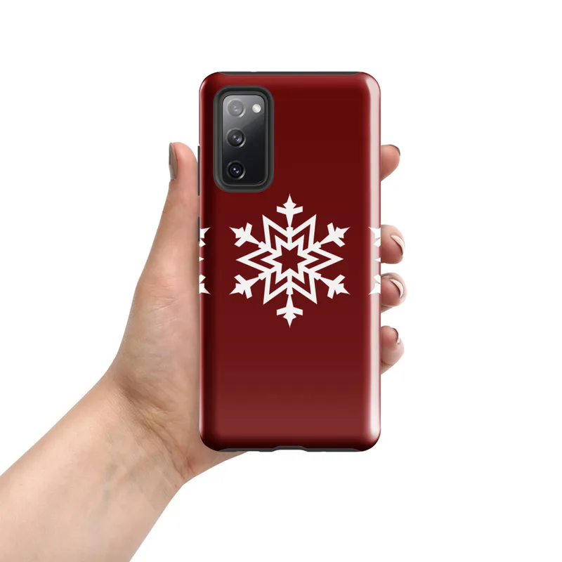 Glossy Winter Snowflake Trio Tough Case for Samsung — three identical white geometric snowflakes arranged in a row on a deep