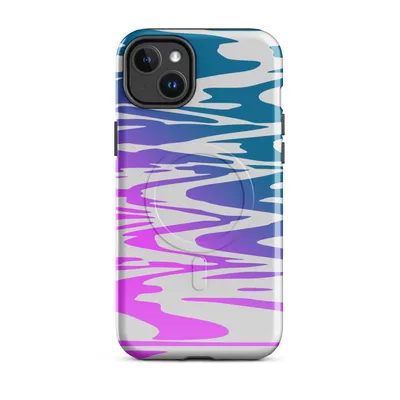 aerial view of rippling water with a gradient shifting from hot magenta through violet to deep teal, rendered in a flat graphic style on light gray on Glossy Neon Tide MagSafe Tough Case for iPhone - default - Front view