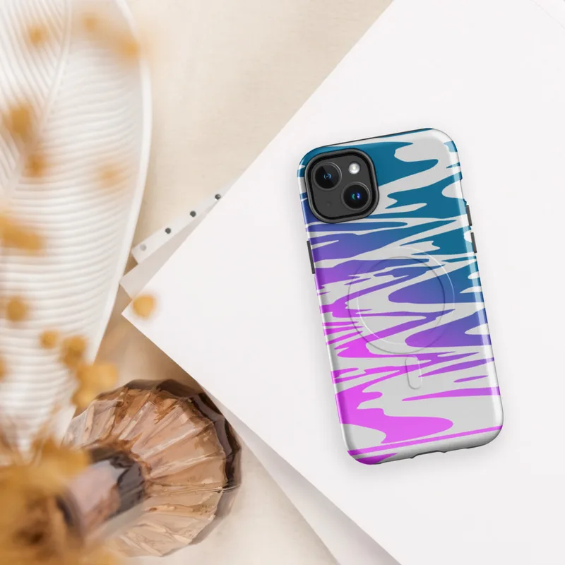 Glossy Neon Tide MagSafe Tough Case for iPhone — aerial view of rippling water with a gradient shifting from hot magenta