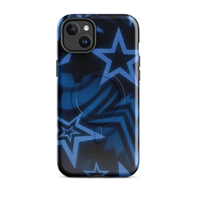 overlapping five-pointed stars in deep navy and electric blue with horizontal scan lines on a black background, layered for a neon-lit 3D effect on Glossy Midnight Star Power MagSafe Tough Case for iPhone - default - Front view