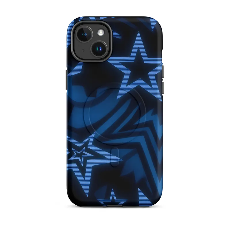 Matte Midnight Star Power MagSafe Tough Case for iPhone — overlapping five-pointed stars in deep navy and electric blue