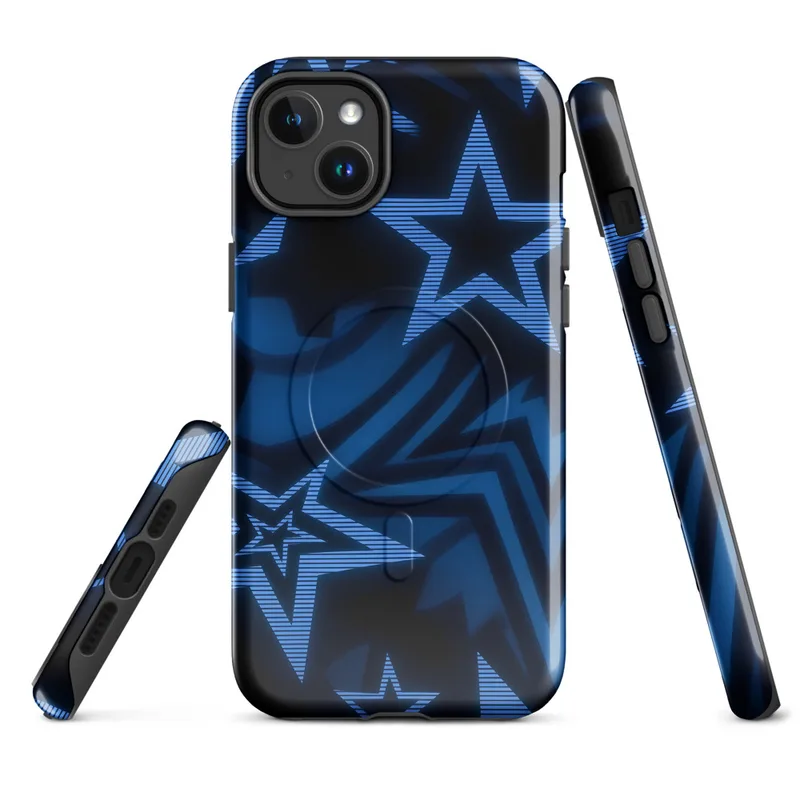 Glossy Midnight Star Power MagSafe Tough Case for iPhone — overlapping five-pointed stars in deep navy and electric blue