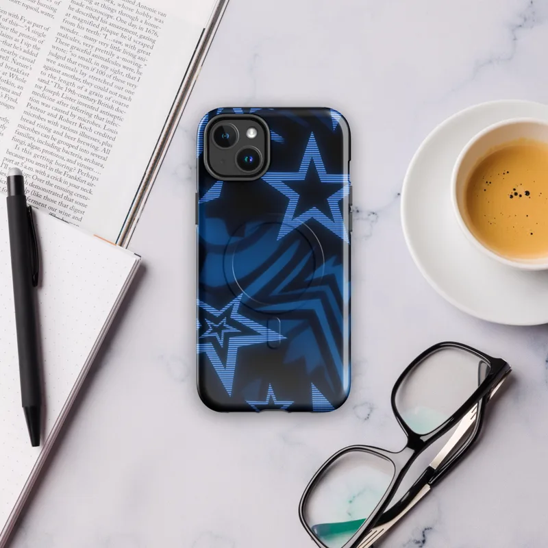 Glossy Midnight Star Power MagSafe Tough Case for iPhone — overlapping five-pointed stars in deep navy and electric blue
