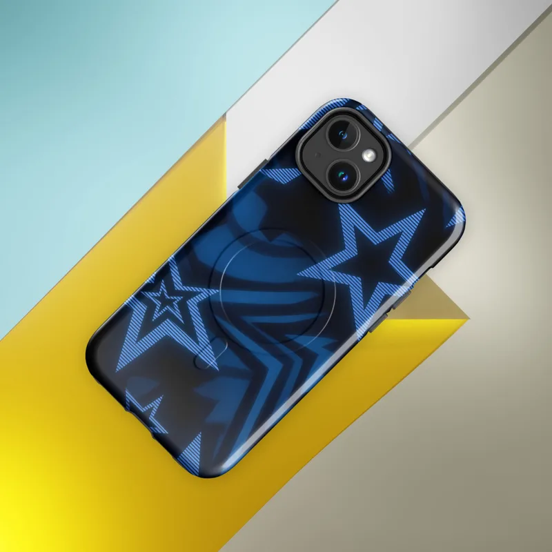 Glossy Midnight Star Power MagSafe Tough Case for iPhone — overlapping five-pointed stars in deep navy and electric blue