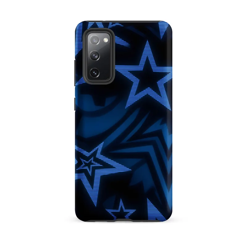 Matte Midnight Star Strike Tough Case for Samsung — overlapping five-pointed stars in dark navy with glowing cobalt scan