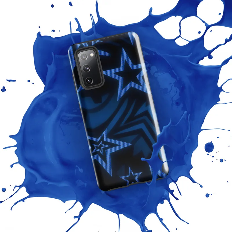 Glossy Midnight Star Strike Tough Case for Samsung — overlapping five-pointed stars in dark navy with glowing cobalt scan