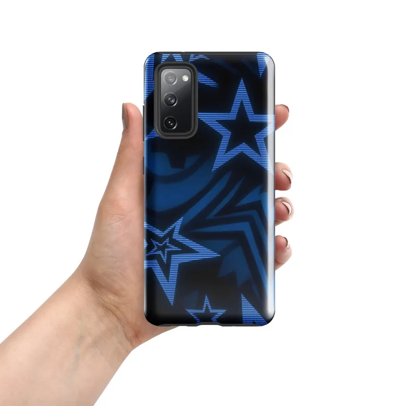 Glossy Midnight Star Strike Tough Case for Samsung — overlapping five-pointed stars in dark navy with glowing cobalt scan