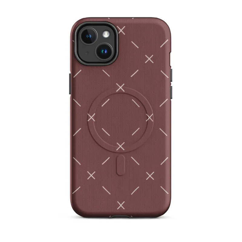 Matte Crimson Cross Stitch MagSafe Tough Case for iPhone — repeating white cross-stitch X marks and diagonal line stitches