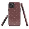 Glossy Crimson Cross Stitch MagSafe Tough Case for iPhone — repeating white cross-stitch X marks and diagonal line stitches