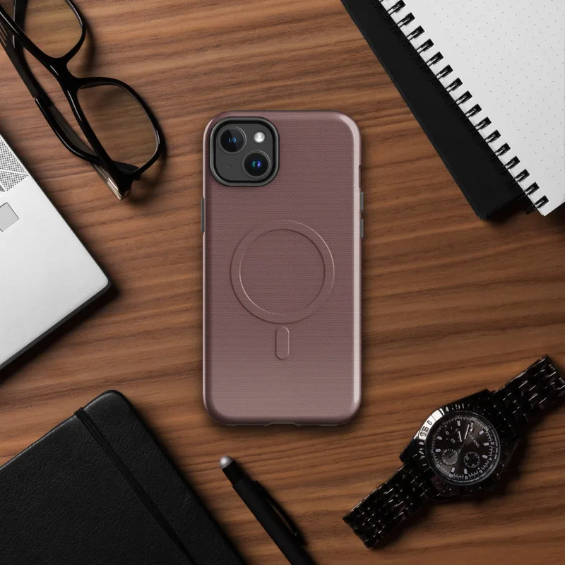 Glossy Crimson Dusk MagSafe Tough Case for iPhone — deep burgundy wine-toned textured canvas surface with subtle tonal