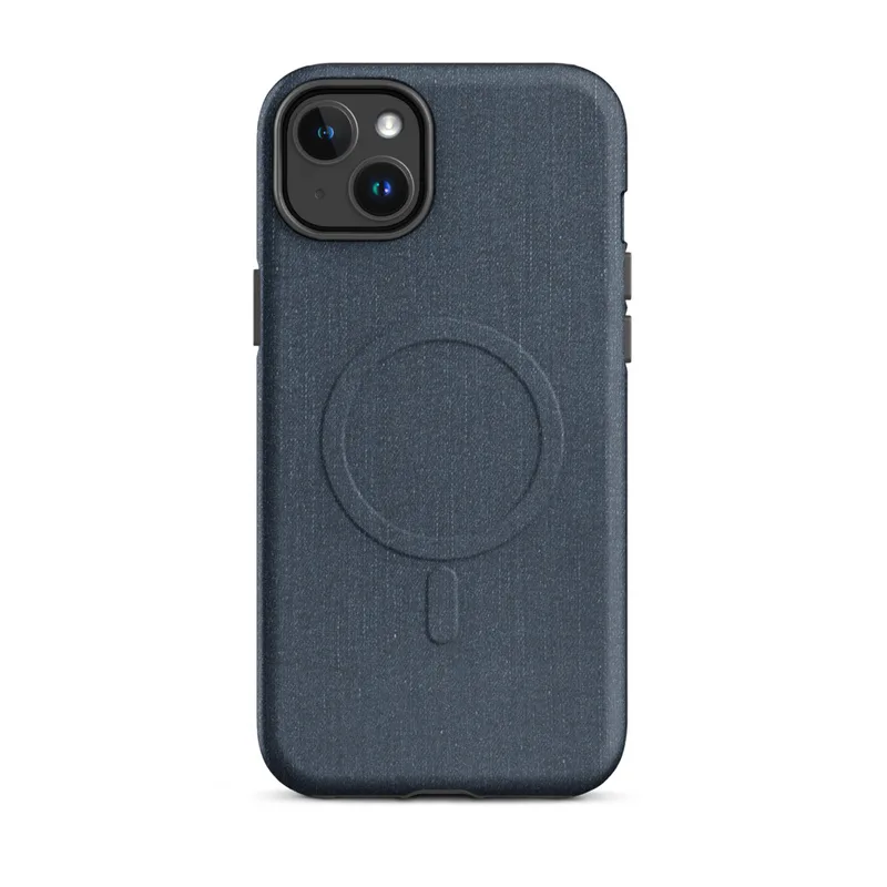 Matte Dark Denim Texture MagSafe Tough Case for iPhone — close-up dark navy blue denim fabric texture with subtle vertical
