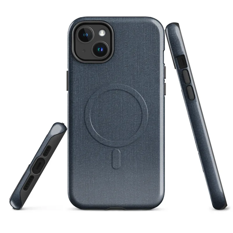 Glossy Dark Denim Texture MagSafe Tough Case for iPhone — close-up dark navy blue denim fabric texture with subtle vertical
