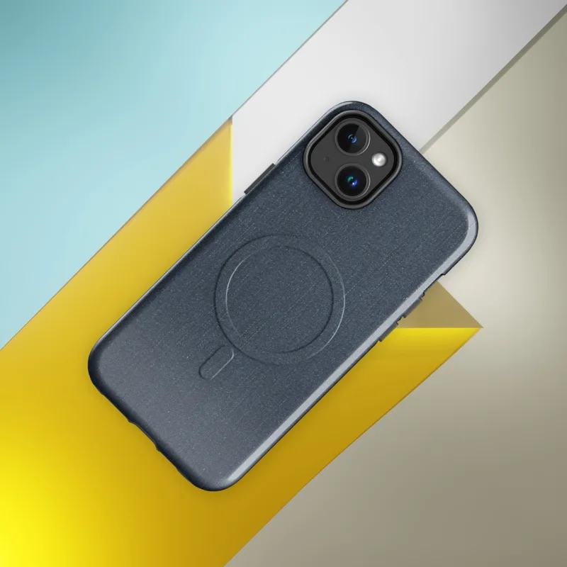 Glossy Dark Denim Texture MagSafe Tough Case for iPhone — close-up dark navy blue denim fabric texture with subtle vertical