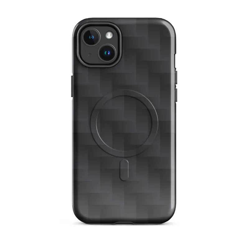 Glossy Carbon Weave Armor MagSafe Tough Case for iPhone — repeating woven carbon fiber pattern in dark charcoal tones