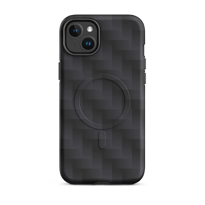 Matte Carbon Weave Armor MagSafe Tough Case for iPhone — repeating woven carbon fiber pattern in dark charcoal tones