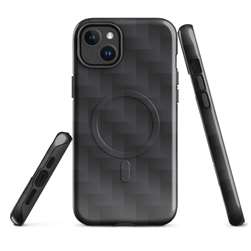 Glossy Carbon Weave Armor MagSafe Tough Case for iPhone — repeating woven carbon fiber pattern in dark charcoal tones