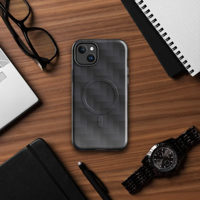 Glossy Carbon Weave Armor MagSafe Tough Case for iPhone — repeating woven carbon fiber pattern in dark charcoal tones