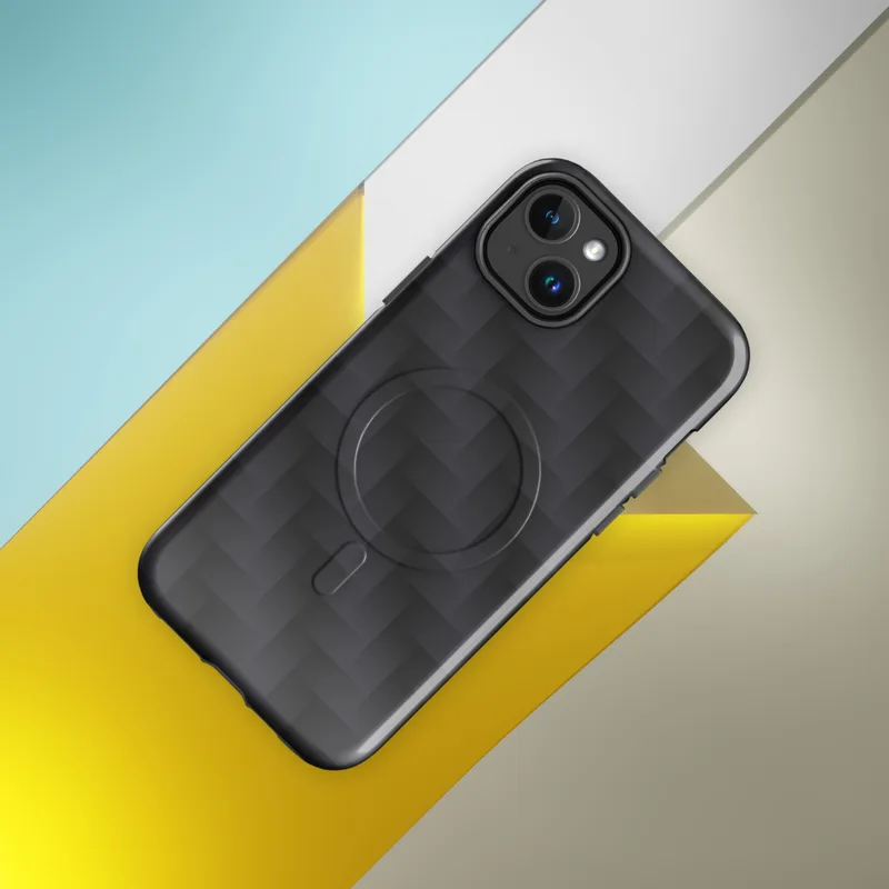 Glossy Carbon Weave Armor MagSafe Tough Case for iPhone — repeating woven carbon fiber pattern in dark charcoal tones