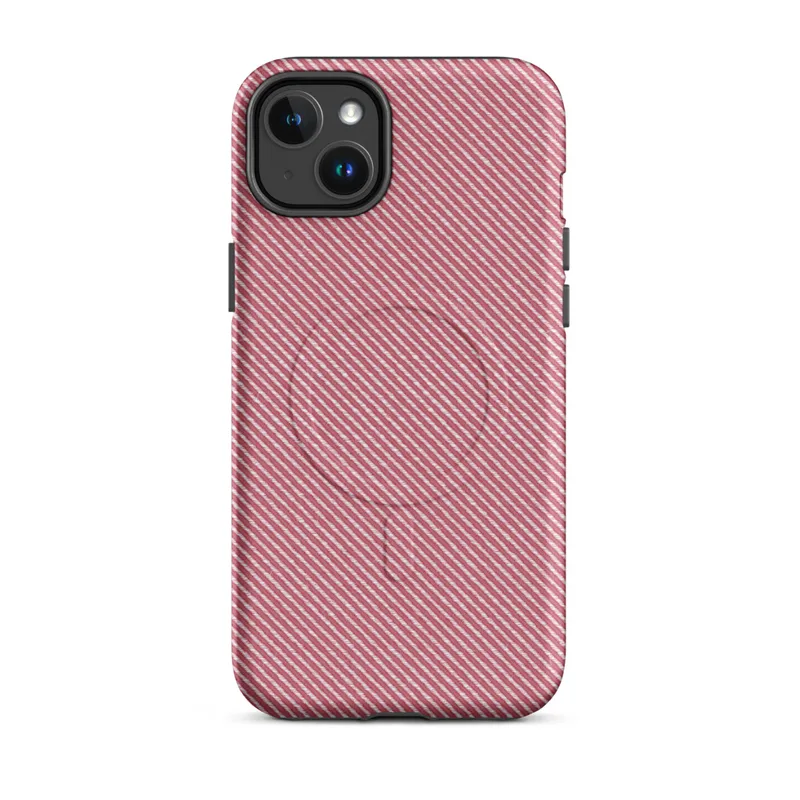 Matte Crimson Twill Classic MagSafe Tough Case for iPhone — diagonal red and white twill stripe pattern resembling woven