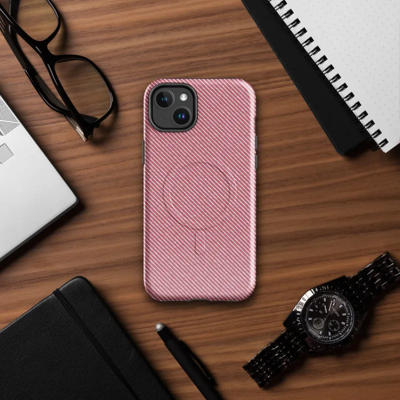 Glossy Crimson Twill Classic MagSafe Tough Case for iPhone — diagonal red and white twill stripe pattern resembling woven