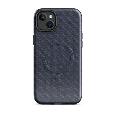 deep navy blue carbon fiber twill weave with diagonal light-reflecting bands across the surface on Glossy Midnight Carbon Fiber Shield MagSafe Tough Case for iPhone - default - Front view