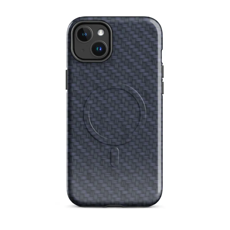 Glossy Midnight Carbon Fiber Shield MagSafe Tough Case for iPhone — deep navy blue carbon fiber twill weave with diagonal
