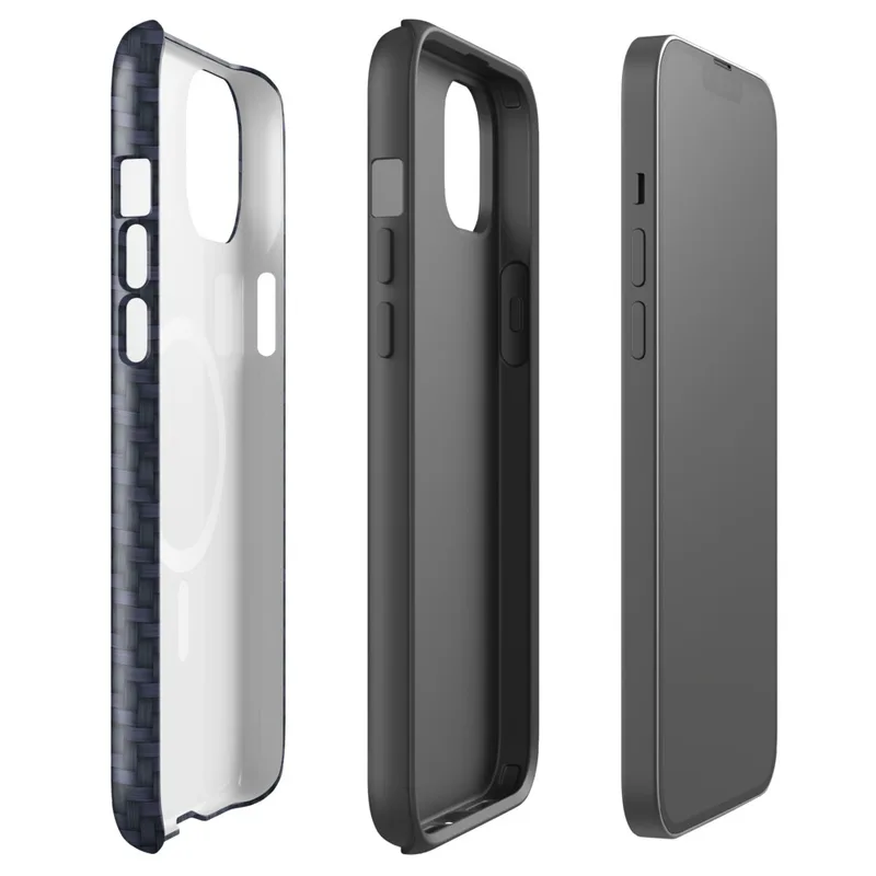 Glossy Midnight Carbon Fiber Shield MagSafe Tough Case for iPhone — deep navy blue carbon fiber twill weave with diagonal