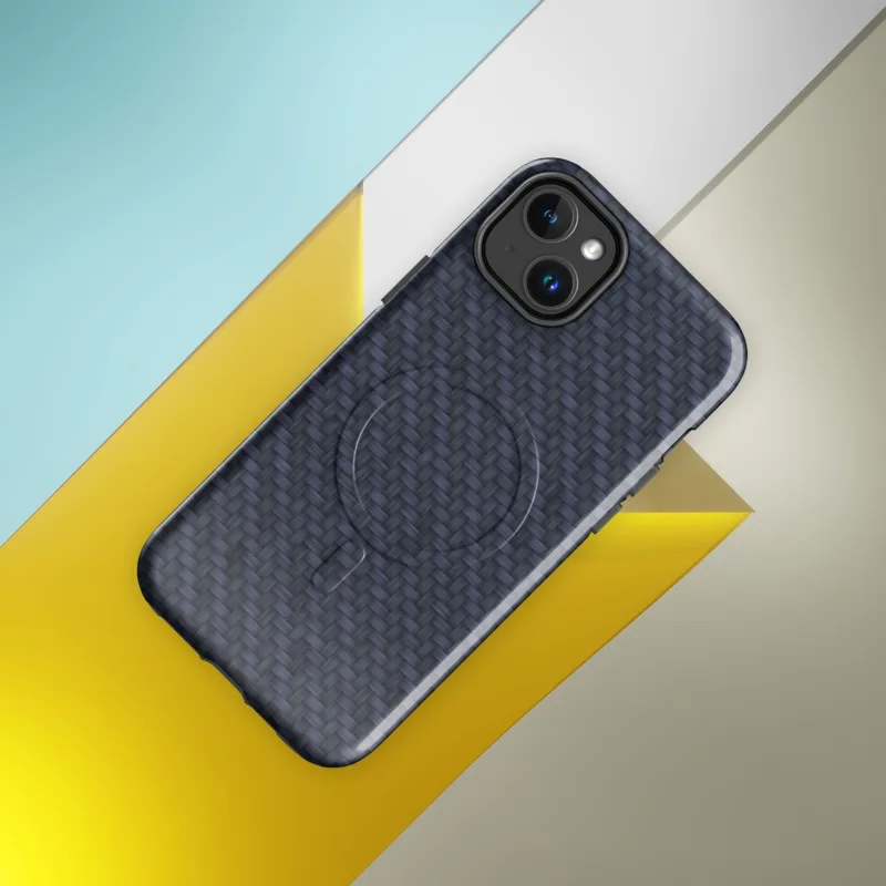 Glossy Midnight Carbon Fiber Shield MagSafe Tough Case for iPhone — deep navy blue carbon fiber twill weave with diagonal