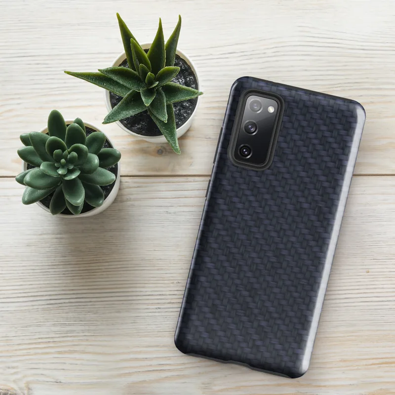 Glossy Navy Carbon Fiber Shield Tough Case for Samsung — navy blue carbon fiber twill weave texture with diagonal
