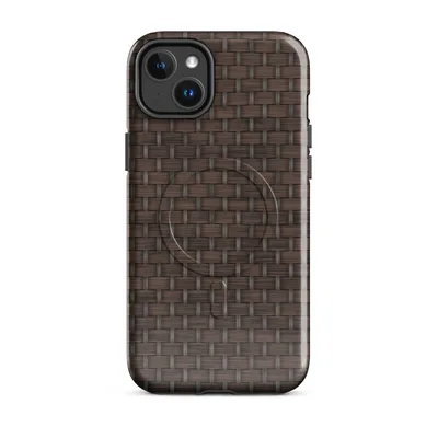 seamless dark chocolate brown basket-weave pattern with interlocking horizontal and vertical rattan strands and subtle depth shading on Glossy Woven Rattan Weave MagSafe Tough Case for iPhone - default - Front view