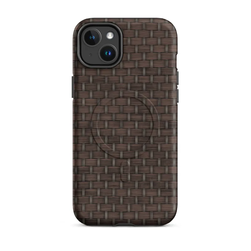 Matte Woven Rattan Weave MagSafe Tough Case for iPhone — seamless dark chocolate brown basket-weave pattern