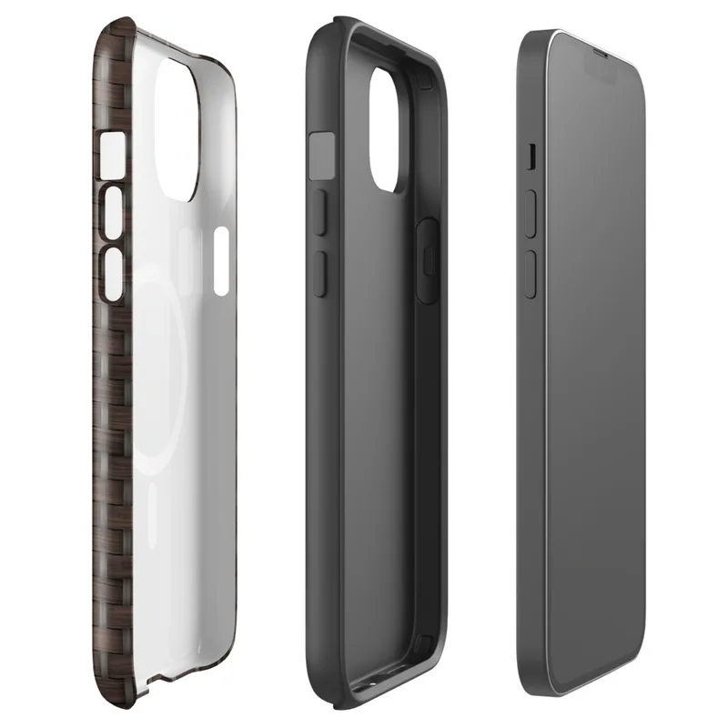 Glossy Woven Rattan Weave MagSafe Tough Case for iPhone — seamless dark chocolate brown basket-weave pattern