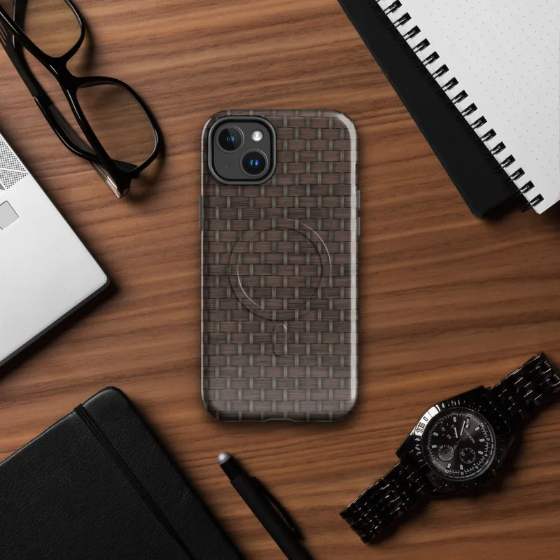 Glossy Woven Rattan Weave MagSafe Tough Case for iPhone — seamless dark chocolate brown basket-weave pattern
