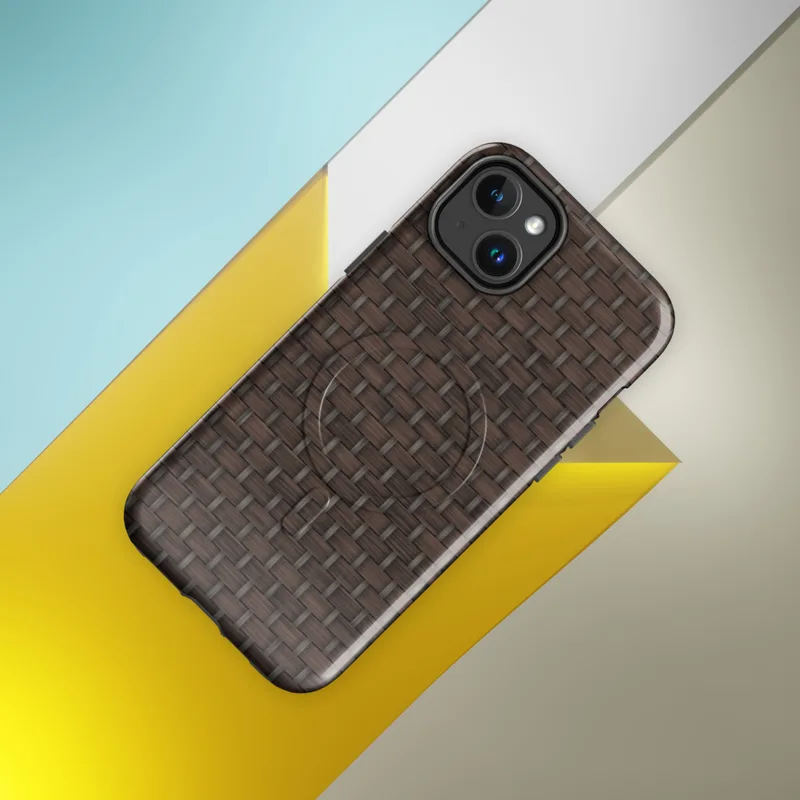 Glossy Woven Rattan Weave MagSafe Tough Case for iPhone — seamless dark chocolate brown basket-weave pattern
