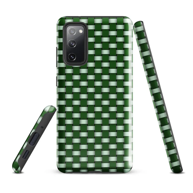 Glossy Grid Weave Green Lattice Tough Case for Samsung — repeating basket-weave grid of deep forest green and pale mint