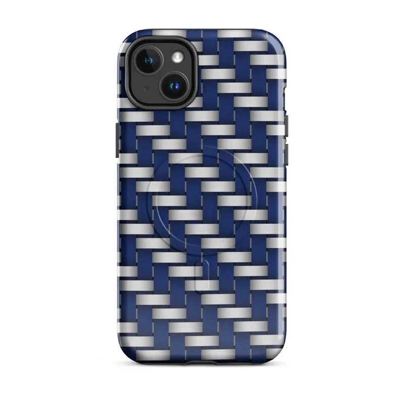 Glossy Steel Weave Armor MagSafe Tough Case for iPhone — interlocking navy blue and brushed silver basket-weave pattern